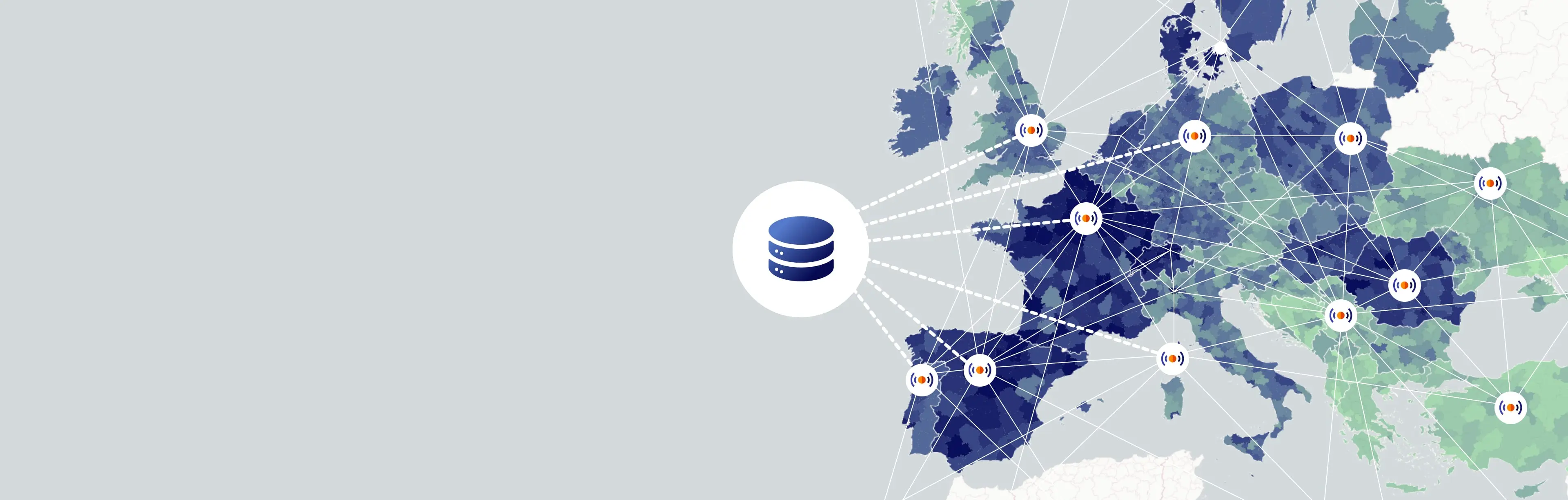 Map of Europe with real-time telecom data connections, visualizing network coverage and data flow.