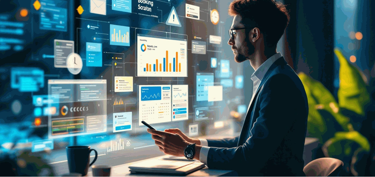 “Executive reviewing Booking.com web scraping system with full data ownership, clean dashboards, browser automation, and proxy logic—showing how non-technical teams can run stable data pipelines without engineers.”