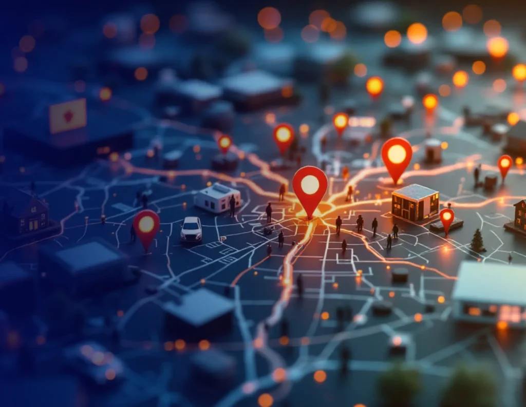 Visualization of Google Maps data scraping, showcasing business locations, data extraction flows, and analytical insights for market research and competitive intelligence.