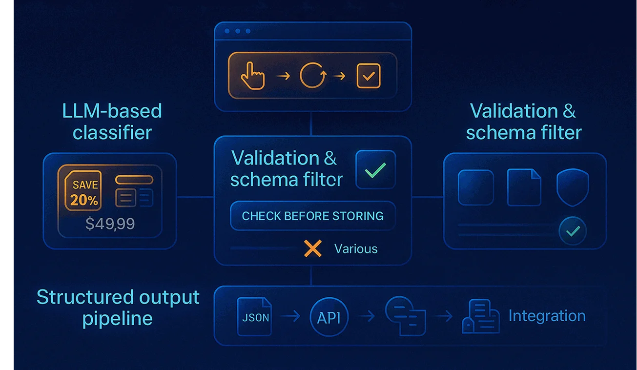 “Architecture of a resilient competitor price scraping system with LLM classification, validation layer, compliance filters, and structured data delivery pipeline.