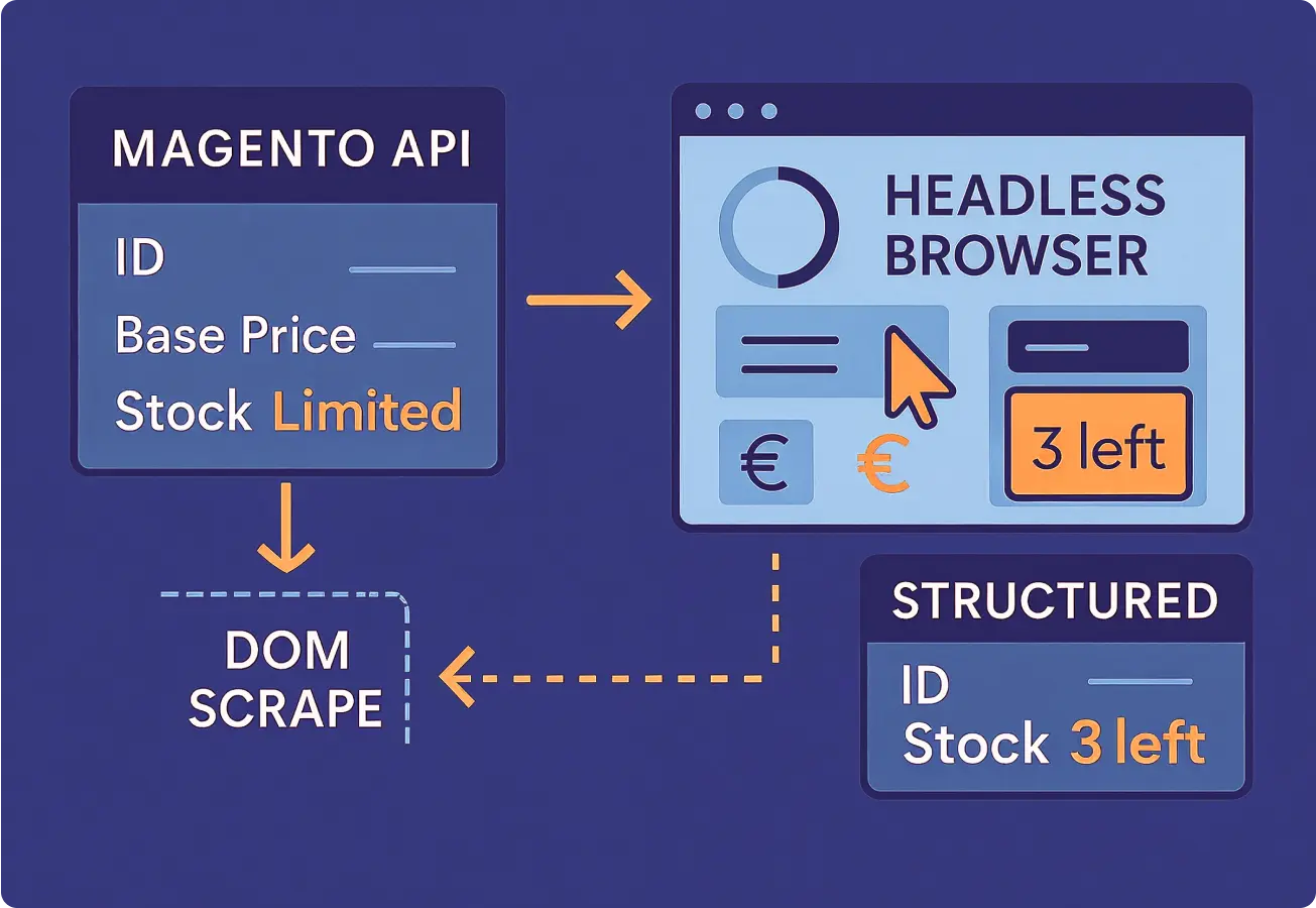 Abstract illustration showing Magento product scraping using API fallback and headless browser rendering to capture dynamic prices, variant stock, and hidden descriptions
