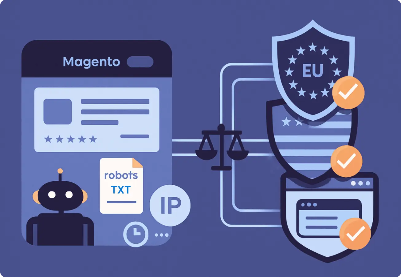 Abstract illustration showing a compliant data scraping Magento pipeline with GDPR and legal safeguards, representing structured data extraction passing through privacy and access filters