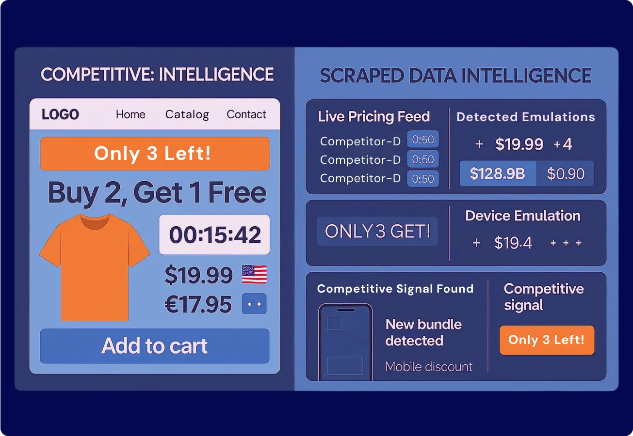 Illustration showing how Shopify scraping enables competitive pricing intelligence for D2C brands—extracting flash sales, urgency banners, bundle offers, and region-based pricing from live storefronts.