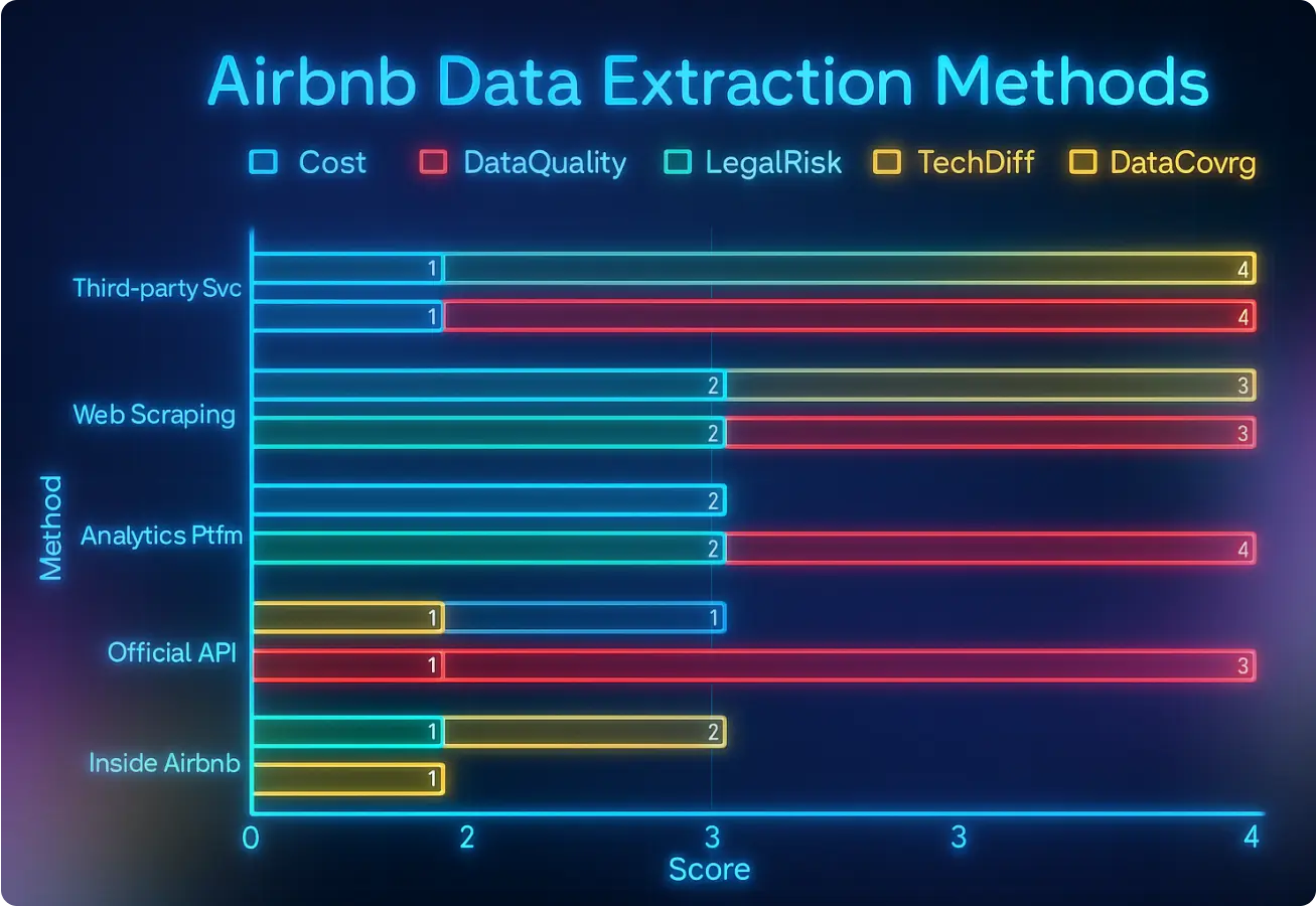 Bar chart comparing Airbnb web scraping methods (manual, APIs, third-party, SaaS) by cost, quality, legal risk, and scale in 2025.