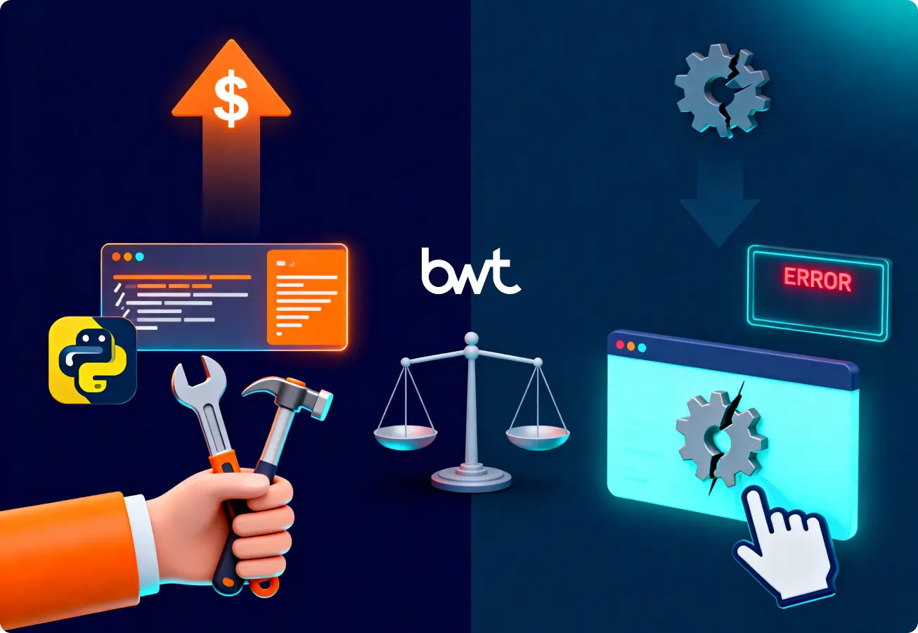 Comparing DIY vs. No-Code Approaches for Event Data Scraping. GroupBWT comparing events data scraping methods: a DIY Python approach showing high maintenance costs versus a No-Code scraper showing low flexibility and unreliability.