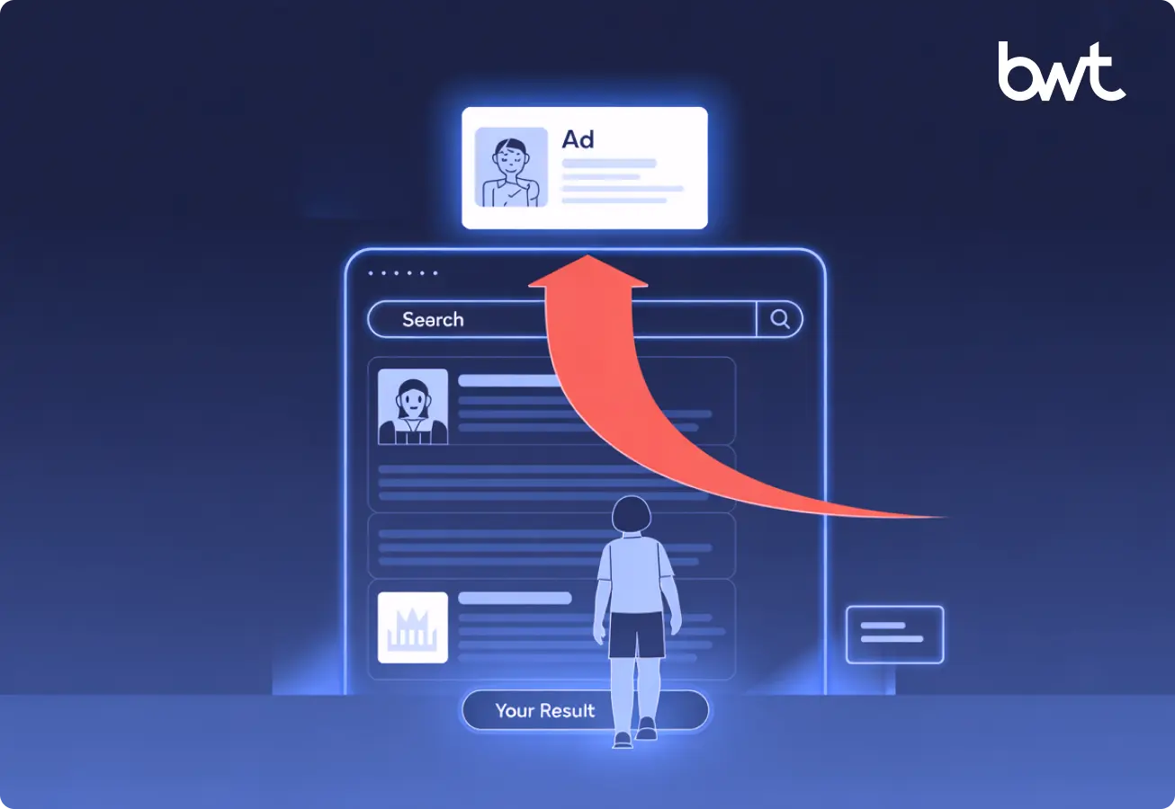 How Competitor Brand Bidding Steals Your Revenue. Infographic by GroupBWT explaining how brand bidding drains revenue by showing a competitor's ad intercepting a customer before they reach the organic result, highlighting the need for brand bidding defense.