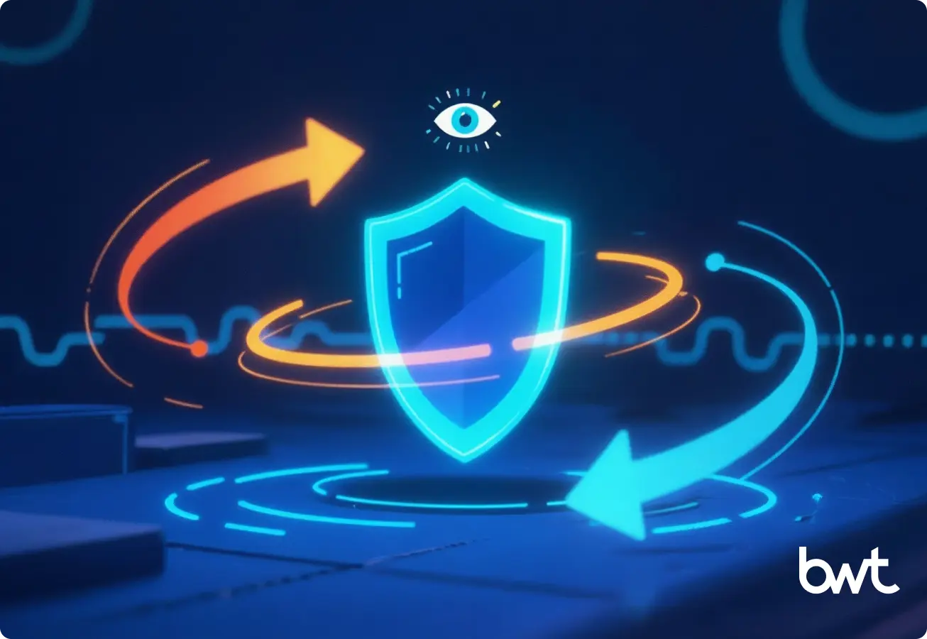 Ensuring Operational Resilience in Brand Bidding Defense. Infographic by GroupBWT illustrating operational resilience for brand bidding defense, showing a continuously monitored and updated shield protecting a brand against evolving threats.