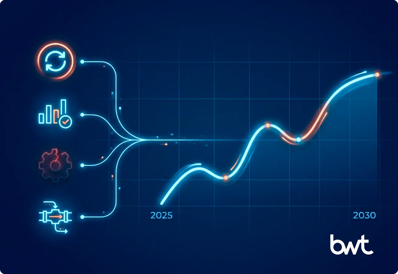 AI-Driven Web Scraping Market Growth Forecast: 2025-2030 Infographic showing a growing trendline from 2025 to 2030, illustrating the growth of the AI-driven web scraping market. Various icons represent key drivers like data flow, analytics, and automation.