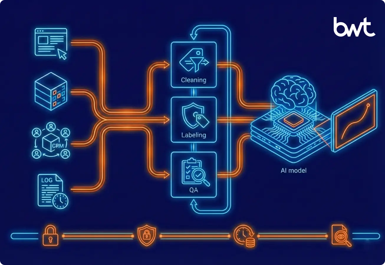 Infographic by GroupBWT illustrating the data requirements for Generative AI and Large Language Models as a curated library, showing diversity, structure, and licensing.
