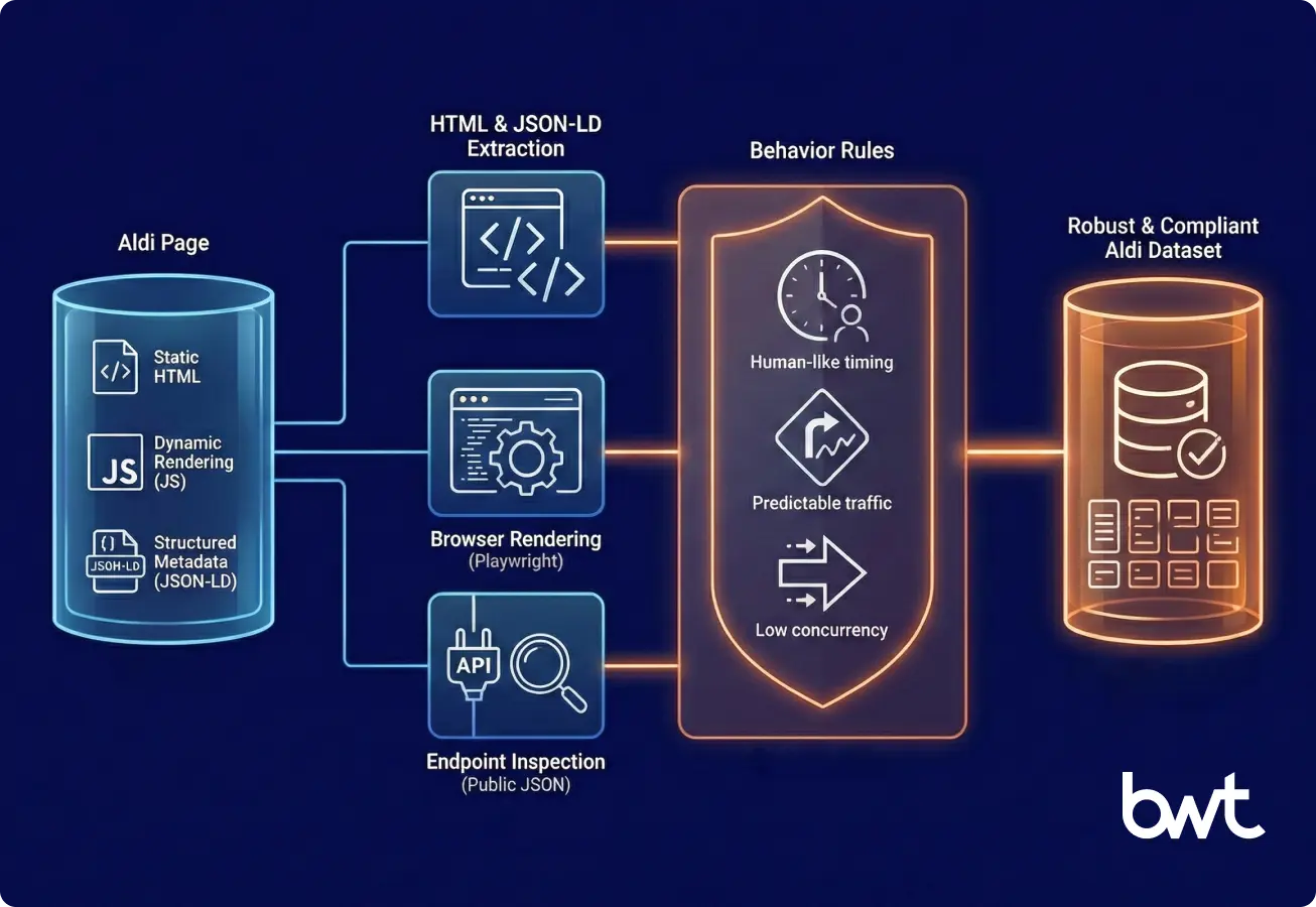 Technical Architecture for High-Quality and Compliant Aldi Scraping. Technical architecture diagram by GroupBWT for high-quality Aldi scraping, illustrating hybrid extraction methods (HTML, JSON-LD, Browser Rendering, Endpoint Inspection) and behavioral rules for compliance.