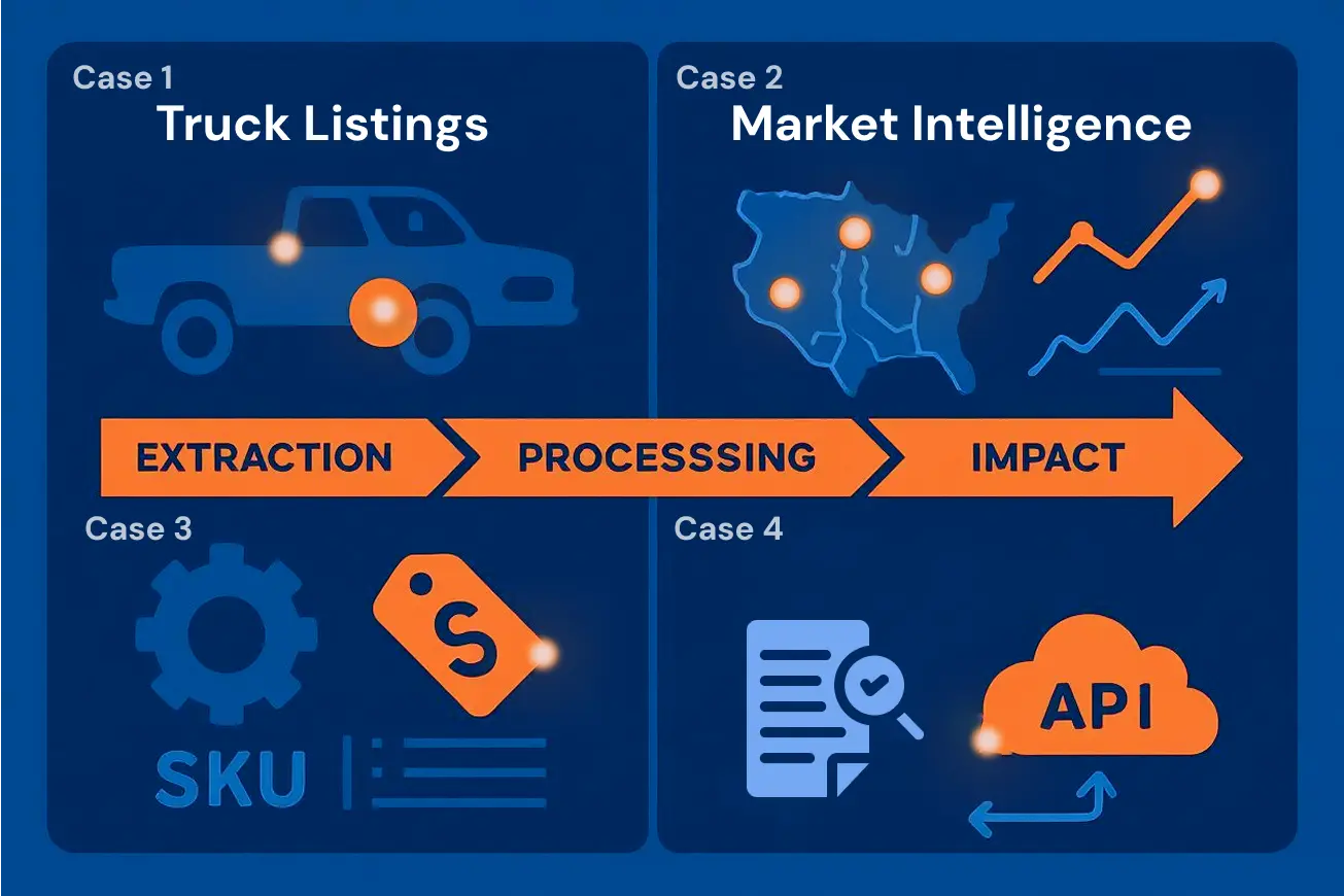 Four illustrated automotive data scraping cases from GroupBWT including truck listing extraction, pricing intelligence, and API-based catalog ingestion