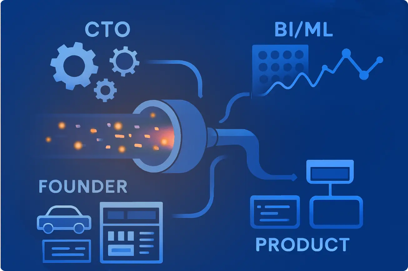 Visual showing four enterprise roles connected by a central data pipeline in GroupBWT’s automotive architecture