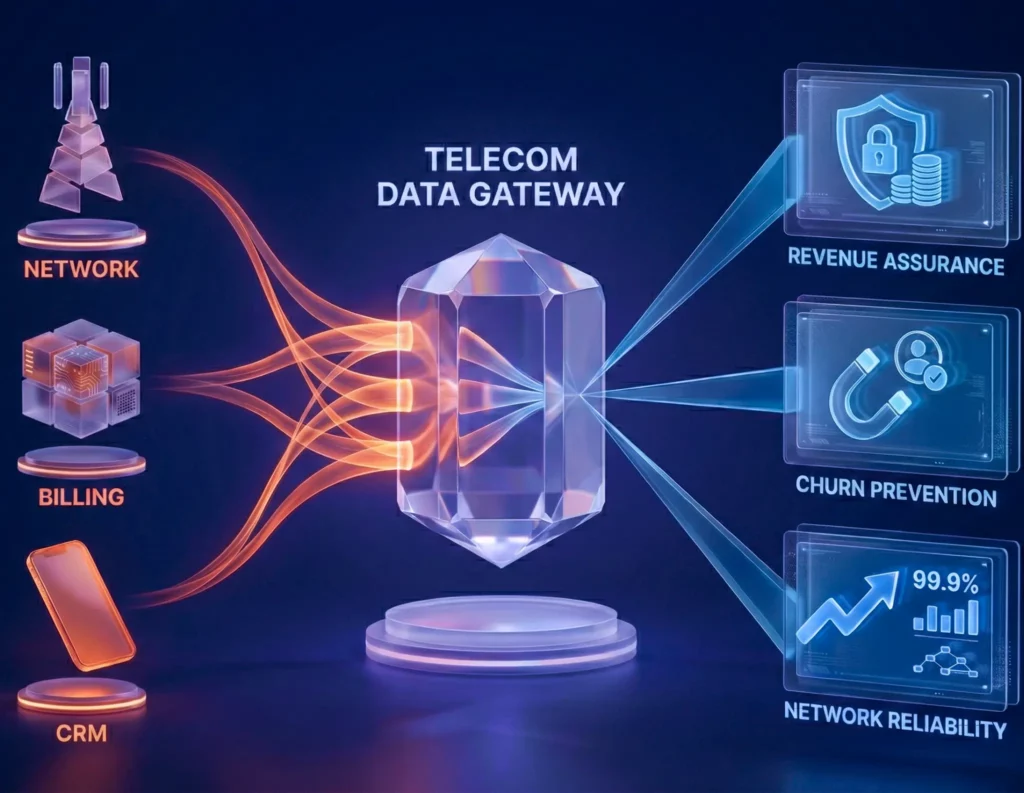 Hero diagram showing telecom data extraction connecting OSS/BSS, CDR/xDR usage events, billing and customer data into a governed BI analytics layer