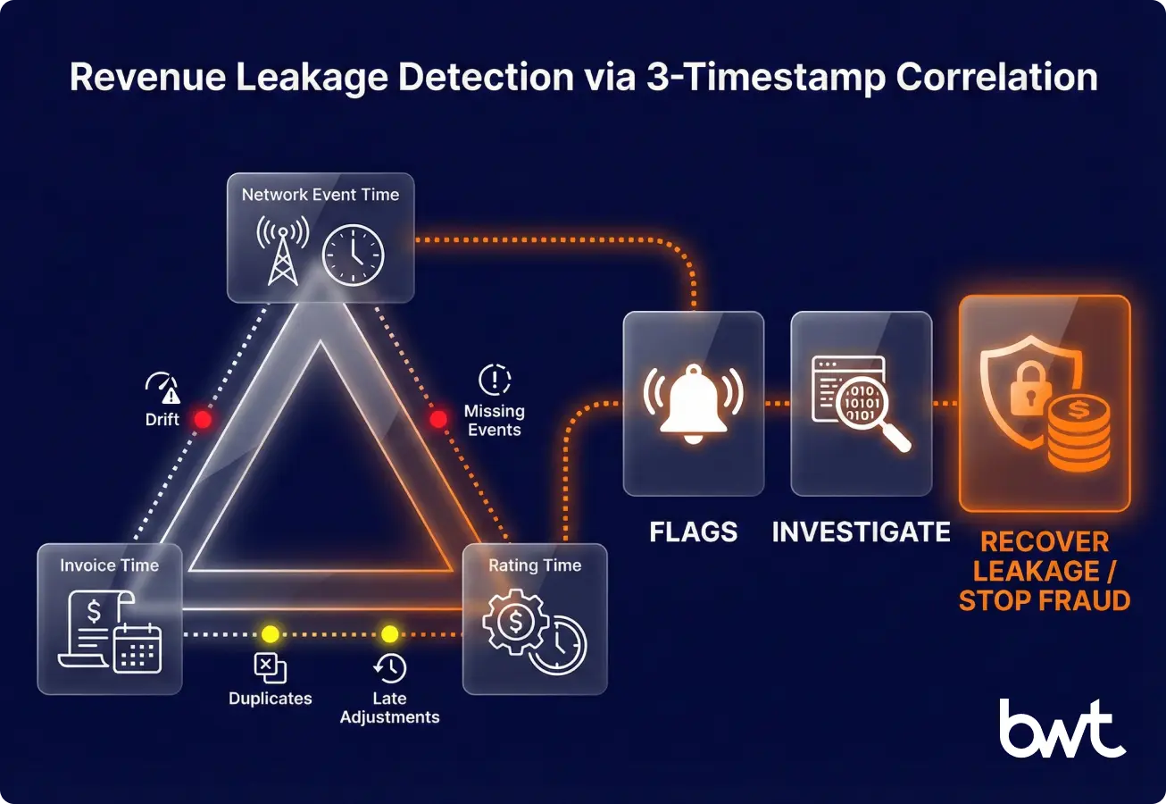 Data Extraction for Telecom Revenue Assurance Timestamp Reconciliation | GroupBWT
Diagram explaining telecom revenue assurance by reconciling network usage event time, rating time, and invoice time to detect billing leakage, missing CDRs, and fraud patterns