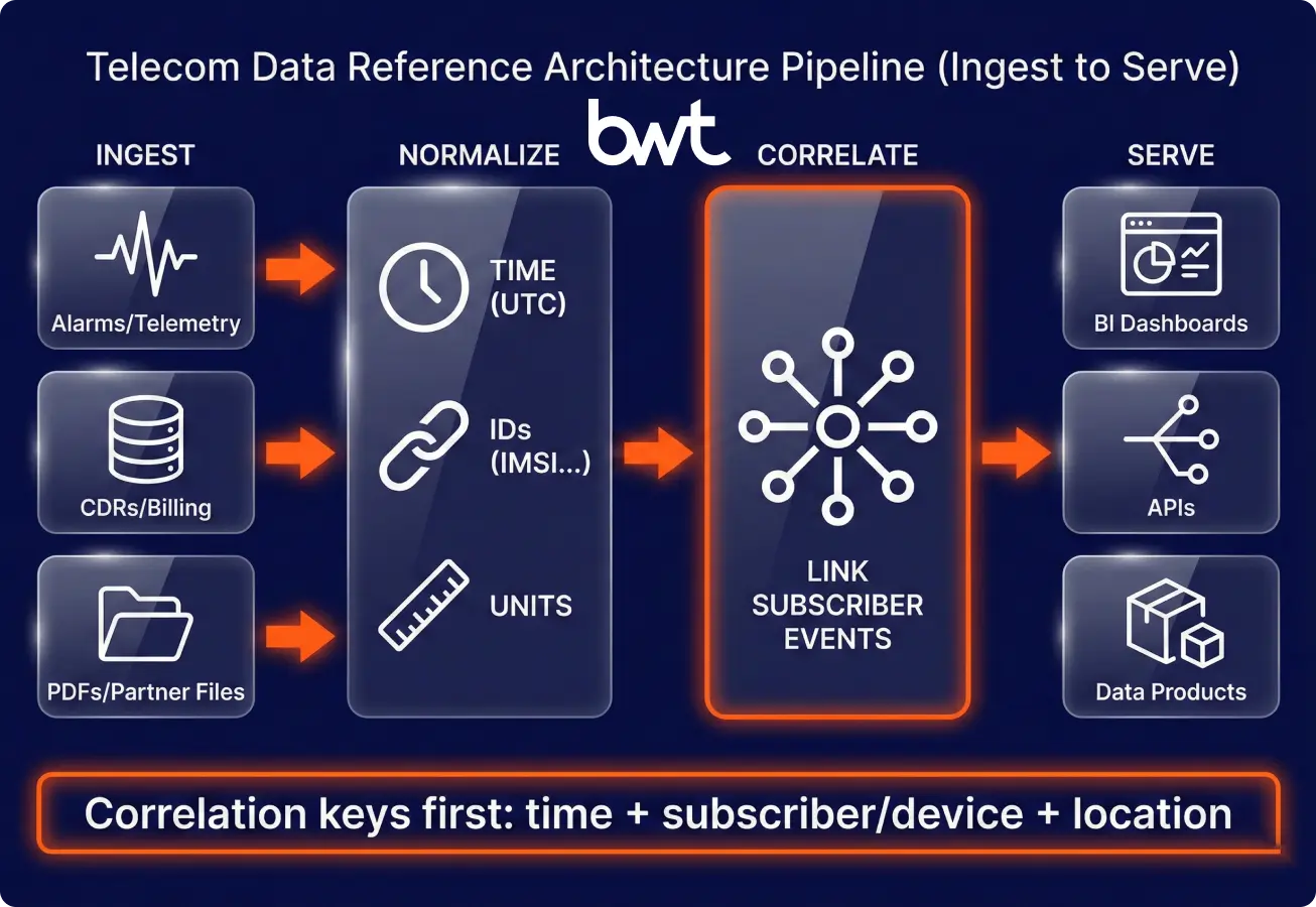 Data Extraction for Telecom Reference Architecture (Ingest to BI) | GroupBWT
Telecom data pipeline architecture showing streaming, batch, and document ingestion feeding normalization, correlation of OSS/BSS and CDR data, and serving BI dashboards and APIs