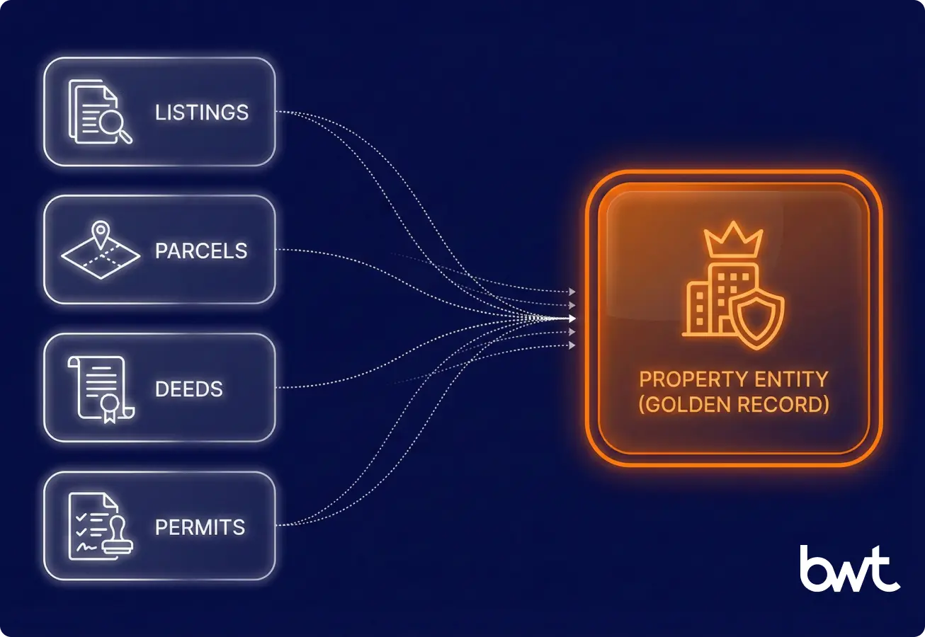 Property identity graph showing real estate data aggregation linking listings, parcels, deeds, and permits into a golden record with confidence scoring and field-level lineage