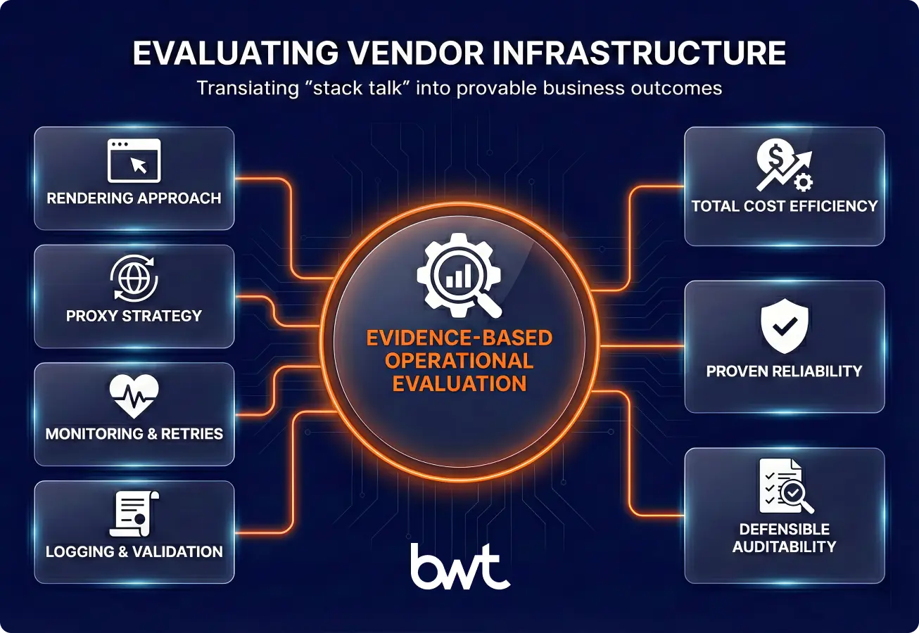 How to Choose a Web Scraping Service: Infrastructure & Stack Evaluation by GroupBWT A procurement-friendly evaluation framework that connects web scraping infrastructure choices to business outcomes (cost, reliability, auditability) and specifies the proof a vendor should provide (cost drivers, recent incident causes, and recovery evidence).