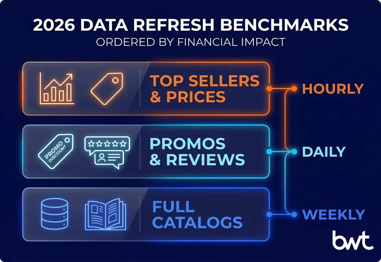 A benchmark guide by GroupBWT showing recommended refresh rates for different ecommerce data workflows in 2026.