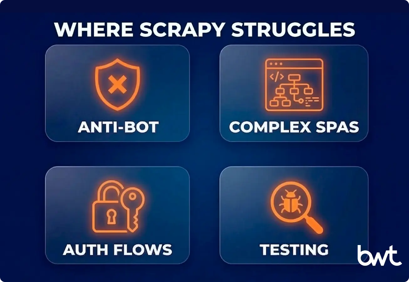 GroupBWT overview of Scrapy framework limitations — anti-bot SPA authentication debugging hybrid approaches