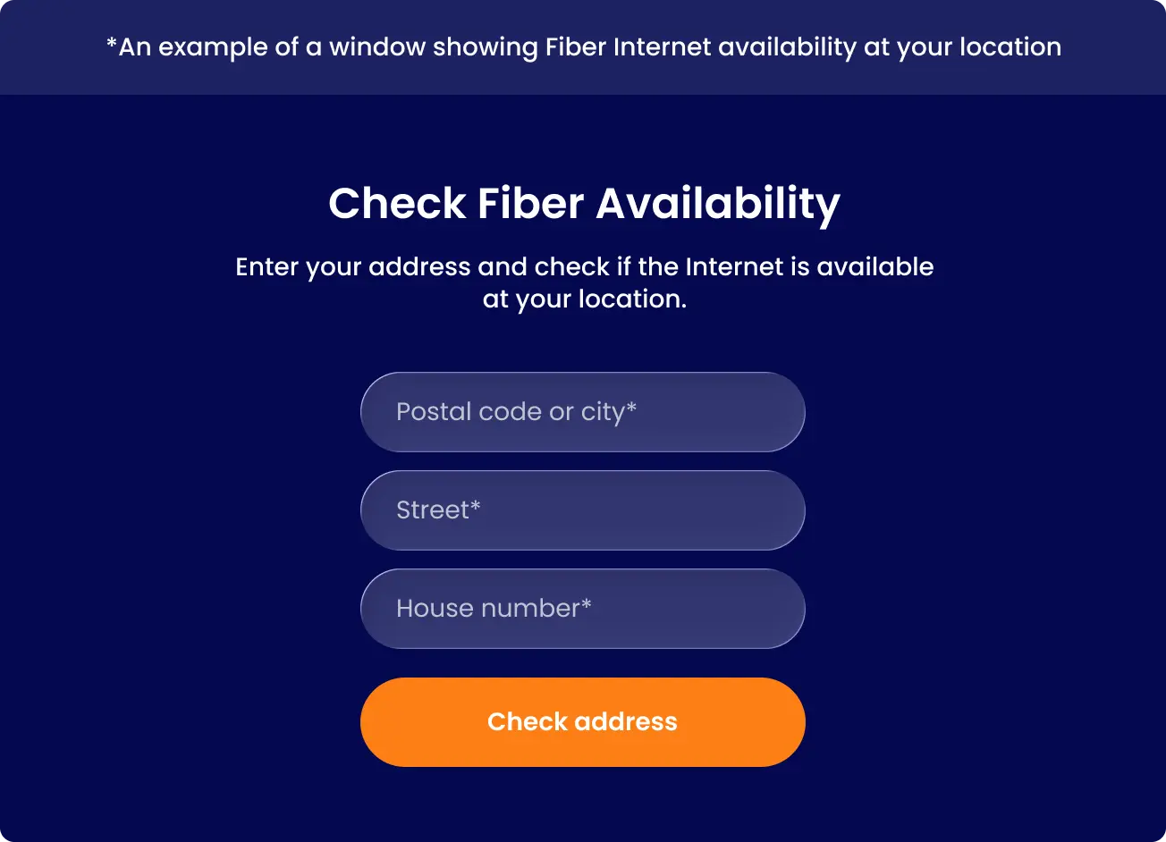 Example of a fiber internet availability check window for data-driven telecom services showing address input fields by GroupBWT